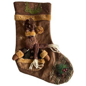 Rustic Christmas Stocking 3D Plush Reindeer Moose Trees Stars & Evergreen Decor